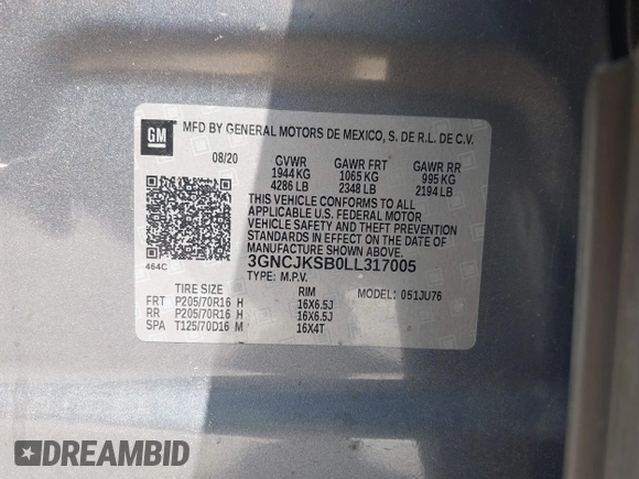 2020 Chevrolet Trax LS z VIN 3GNCJKSB0LL317005, wystawiony jako IAAI lot #39249708 z przebiegiem 59 860 mil mil oraz . Historia ofert i sprzedaży dostępna na DreamBid. Obrazek 9.