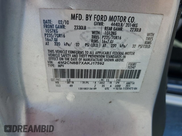 2010 Mercury Mariner with VIN 4M2CN8B7XAKJ17592, listed as a Copart auction lot 84209634 with 180,772 mi miles and Salvage Title. Bid and sale history available at carsss.com. Image 15.
