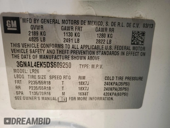2013 Chevrolet Captiva Sport LTZ with VIN 3GNAL4EK5DS609250, listed as a Copart auction lot 70280014 with 109,957 mi miles and Clean Title. Bid and sale history available at DreamBid. Image 13.