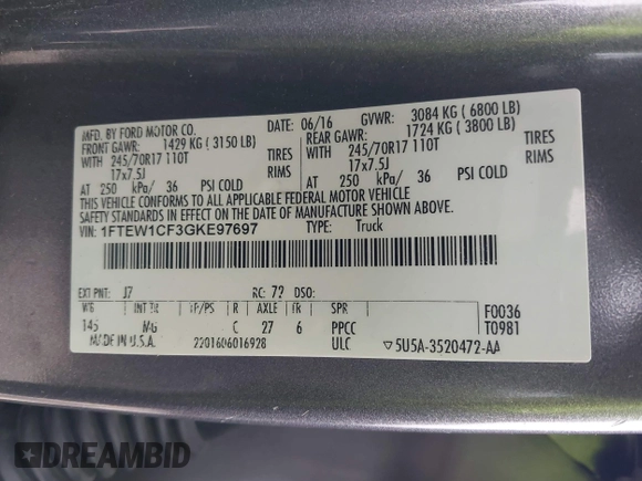 2016 Ford F-150 XL with VIN 1FTEW1CF3GKE97697, listed as a IAAI auction lot 41597967 with 205,425 mi miles and . Bid and sale history available at DreamBid. Image 9.