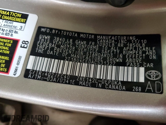 2010 Toyota Corolla with VIN 2T1BU4EE0AC531327, listed as a Copart auction lot 53276645 with 143,952 mi miles and Salvage Title. Bid and sale history available at carsss.com. Image 14.