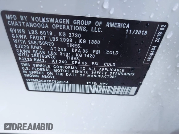 2019 Volkswagen Atlas SEL with VIN 1V2MR2CA2KC522314, listed as a IAAI auction lot 41487693 with 71,053 mi miles and . Bid and sale history available at DreamBid. Image 9.
