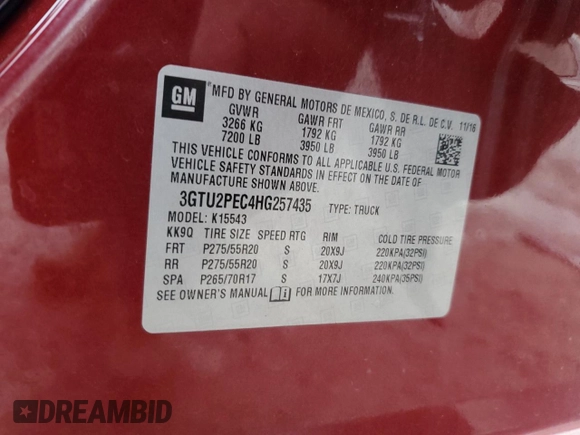2017 GMC Sierra 1500 Denali with VIN 3GTU2PEC4HG257435, listed as a Copart auction lot 85442834 with 84,910 mi miles and Salvage Title. Bid and sale history available at DreamBid. Image 13.