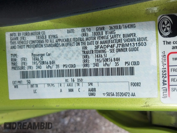 2011 Ford Fiesta SES with VIN 3FADP4FJ7BM131503, listed as a IAAI auction lot 41804351 with 233,620 mi miles. Bid and sale history available at carsss.com. Image 9.