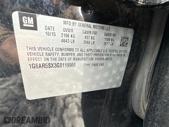 2016 Cadillac CTS Sedan Luxury Collection RWD with VIN 1G6AR5SX3G0119966, listed as a Copart auction lot 45776435 with 75,482 mi miles and Salvage Title. Bid and sale history available at carsss.com. Image 10.