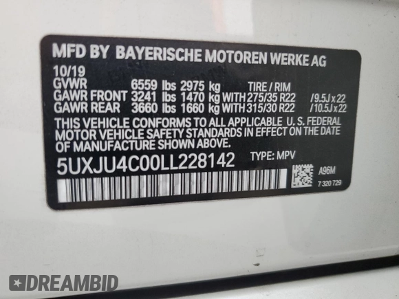 2020 BMW X5 M50i with VIN 5UXJU4C00LL228142, listed as a Copart auction lot 81246294 with 86,014 mi miles and Clean Title. Bid and sale history available at DreamBid. Image 12.