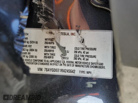 2024 Tesla Model Y Long Range with VIN 7SAYGDEE1RA245642, listed as a Copart auction lot 55490385 with Not provided miles and Salvage title. Bid and sale history available at DreamBid. Image 14.