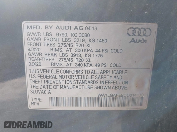 2013 Audi Q7 3.0T Premium Plus with VIN WA1LGAFE8DD014173, listed as a IAAI auction lot 41855929 with 156,617 mi miles. Bid and sale history available at carsss.com. Image 9.