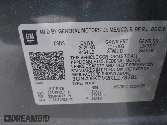 2019 Chevrolet Equinox LT with VIN 3GNAXKEV2KL178781, listed as a IAAI auction lot 42054926 with Not Provided miles and . Bid and sale history available at DreamBid. Image 9.