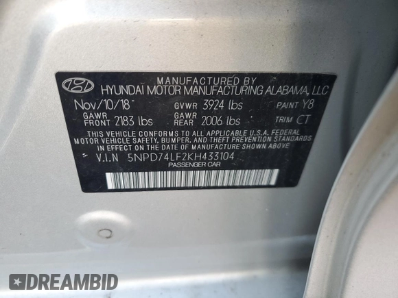 2019 Hyundai Elantra SE with VIN 5NPD74LF2KH433104, listed as a Copart auction lot 48614105 with 77,728 mi miles and Salvage Title. Bid and sale history available at DreamBid. Image 14.