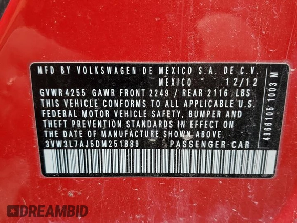 2013 Volkswagen Jetta TDI w/Premium with VIN 3VW3L7AJ5DM251889, listed as a Copart auction lot 55363875 with Not provided miles and Non repairable. Bid and sale history available at DreamBid. Image 12.