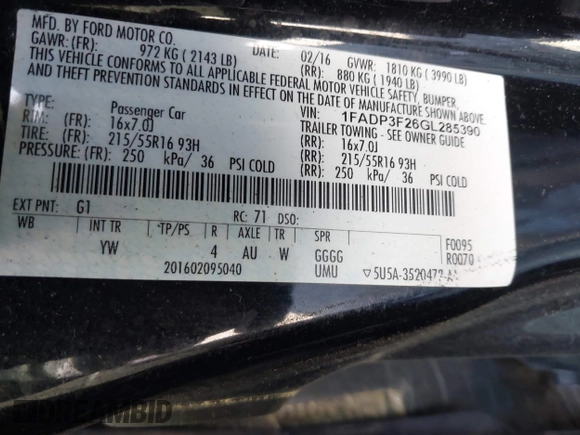 2016 Ford Focus SE with VIN 1FADP3F26GL285390, listed as a IAAI auction lot 42036840 with 228,425 mi miles. Bid and sale history available at carsss.com. Image 9.