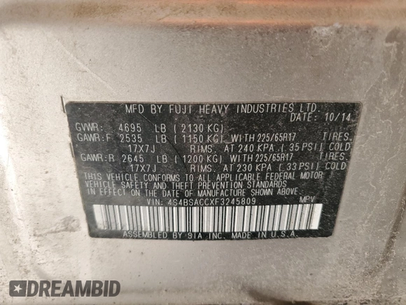 2015 Subaru Outback Premium with VIN 4S4BSACCXF3245809, listed as a Copart auction lot 44204985 with 141,267 mi miles and Salvage title. Bid and sale history available at DreamBid. Image 12.