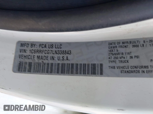 2020 Ram 1500 Tradesman with VIN 1C6RRFCG7LN338843, listed as a IAAI auction lot 42010945 with 171,260 mi miles and . Bid and sale history available at DreamBid. Image 9.
