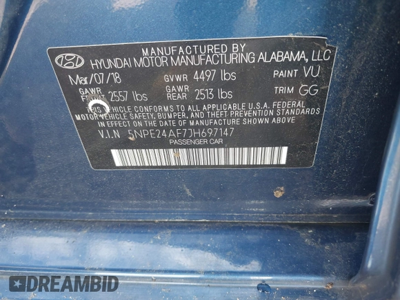 2018 Hyundai Sonata SE z VIN 5NPE24AF7JH697147, wystawiony jako IAAI lot #42253796 z przebiegiem 72 605 mil mil oraz . Historia ofert i sprzedaży dostępna na DreamBid. Obrazek 9.