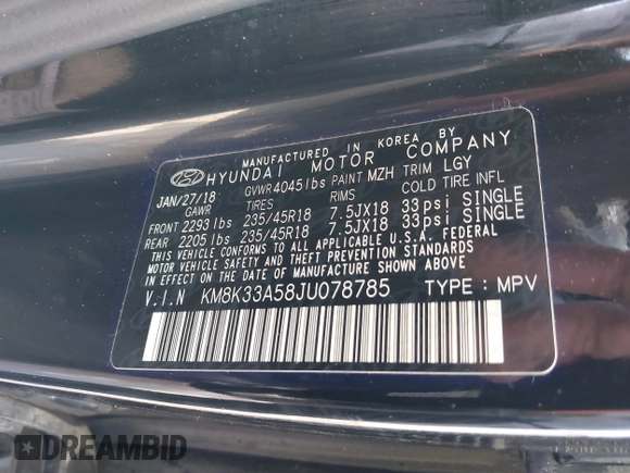 2018 Hyundai Kona Limited with VIN KM8K33A58JU078785, listed as a IAAI auction lot 41808445 with 58,738 mi miles. Bid and sale history available at carsss.com. Image 9.