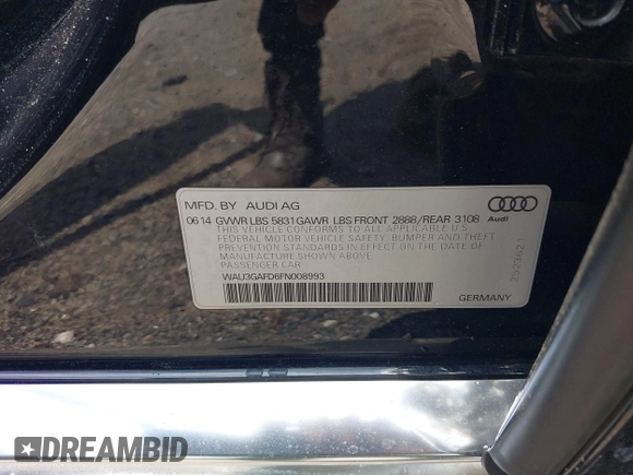 2015 Audi A8 3.0T with VIN WAU3GAFD6FN008993, listed as a IAAI auction lot 42239421 with 125,587 mi miles and . Bid and sale history available at DreamBid. Image 9.