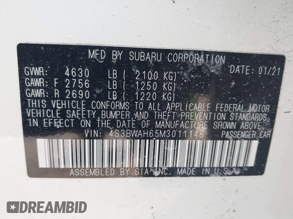 2021 Subaru Legacy Special Sports with VIN 4S3BWAH65M3011148, listed as a IAAI auction lot 41585701 with 57,925 mi miles and . Bid and sale history available at DreamBid. Image 9.
