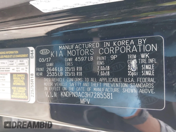 2017 Kia Sportage EX with VIN KNDPN3AC3H7285581, listed as a IAAI auction lot 42366792 with 90,959 mi miles and . Bid and sale history available at DreamBid. Image 9.