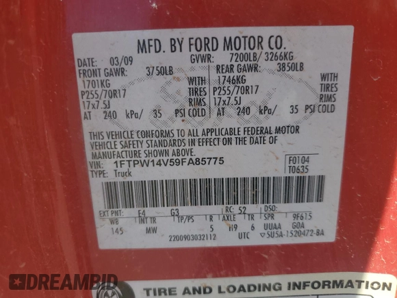 2009 Ford F-150 XL with VIN 1FTPW14V59FA85775, listed as a Copart auction lot 79256014 with 0 mi miles and Non Repairable. Bid and sale history available at carsss.com. Image 12.