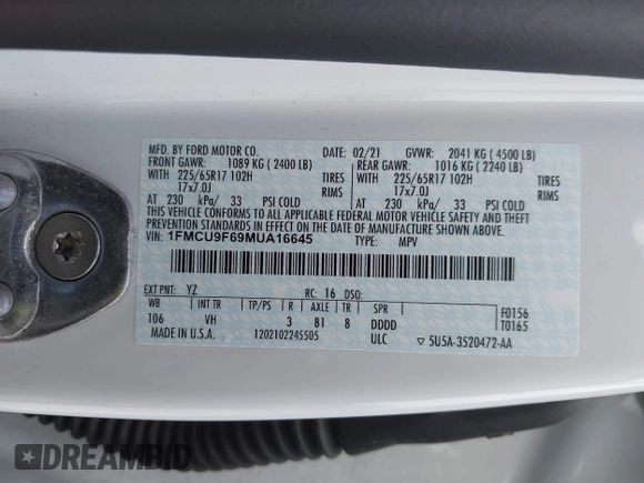 2021 Ford Escape S с VIN 1FMCU9F69MUA16645, выставлен на аукционе IAAI как лот 42048322 с пробегом Не указан миль и . История ставок и продаж доступна на DreamBid. Изображение 9.