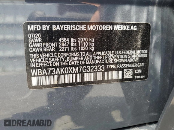 2021 BMW 2 Series 228i xDrive with VIN WBA73AK0XM7G32333, listed as a Copart auction lot 53720295 with 55,472 mi miles and Salvage title. Bid and sale history available at DreamBid. Image 13.