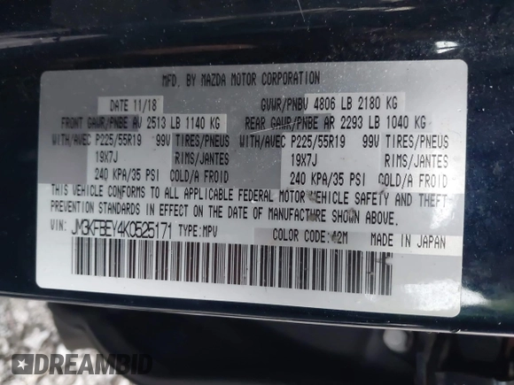 2019 Mazda CX-5 Signature with VIN JM3KFBEY4K0525171, listed as a IAAI auction lot 41706635 with 88,293 mi miles. Bid and sale history available at carsss.com. Image 9.