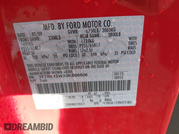2009 Ford F-150 XL with VIN 1FTRF12WX9KB66606, listed as a IAAI auction lot 41723745 with 70,179 mi miles and . Bid and sale history available at DreamBid. Image 9.