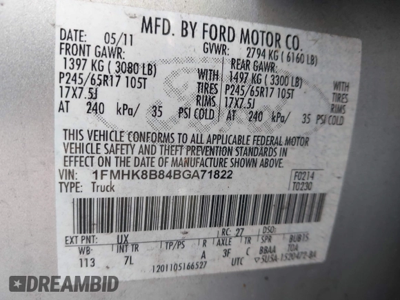2011 Ford Explorer with VIN 1FMHK8B84BGA71822, listed as a IAAI auction lot 42362672 with 294,710 mi miles and . Bid and sale history available at DreamBid. Image 9.