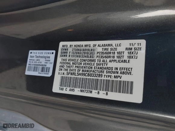 2012 Honda Odyssey Touring with VIN 5FNRL5H99CB033289, listed as a IAAI auction lot 41407301 with NaN miles. Bid and sale history available at carsss.com. Image 9.