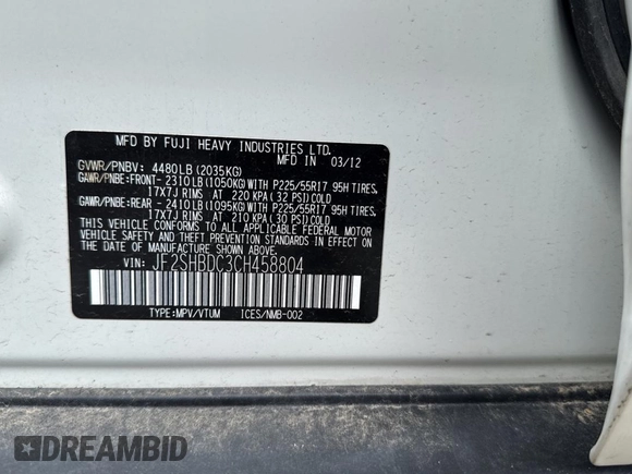 2012 Subaru Forester X Premium с VIN JF2SHBDC3CH458804, выставлен на аукционе Copart как лот 60101865 с пробегом 178 566 миль миль и Чистый • Clean title. История ставок и продаж доступна на DreamBid. Изображение 10.