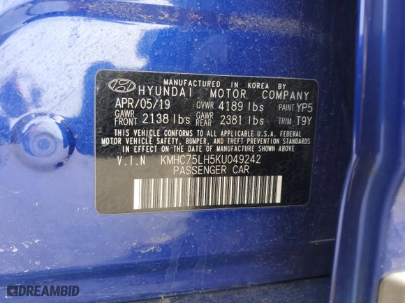 2019 Hyundai Ioniq Electric with VIN KMHC75LH5KU049242, listed as a Copart auction lot 52462605 with 54,638 mi miles and Salvage Title. Bid and sale history available at carsss.com. Image 14.