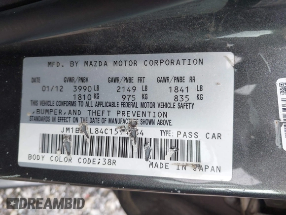 2012 Mazda 3 i Touring with VIN JM1BL1L84C1594534, listed as a IAAI auction lot 42157053 with 163,420 mi miles and . Bid and sale history available at DreamBid. Image 9.