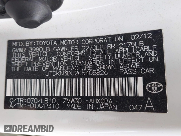 2012 Toyota Prius One with VIN JTDKN3DU2C5405826, listed as a IAAI auction lot 41180082 with 152,086 mi miles and . Bid and sale history available at DreamBid. Image 9.