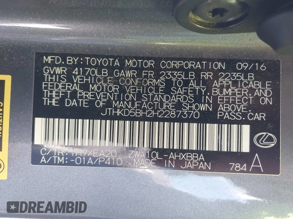 2017 Lexus CT 200h with VIN JTHKD5BH2H2287370, listed as a IAAI auction lot 42238330 with 117,889 mi miles and . Bid and sale history available at DreamBid. Image 9.