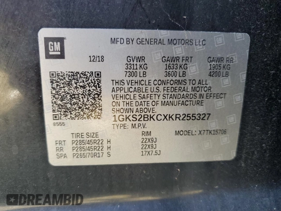 2019 GMC Yukon SLT with VIN 1GKS2BKCXKR255327, listed as a Copart auction lot 50229095 with 109,255 mi miles and Clean Title. Bid and sale history available at carsss.com. Image 13.
