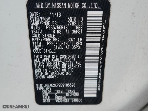 2014 Nissan Quest SV with VIN JN8AE2KP2E9105528, listed as a Copart auction lot 67375124 with 76,238 mi miles and Clean Title. Bid and sale history available at carsss.com. Image 13.