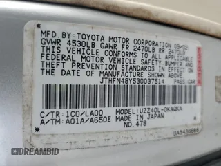 2003 Lexus SC 430 with VIN JTHFN48Y530037514, listed as a Copart auction lot 54354485 with 201,108 mi miles and Non repairable. Bid and sale history available at DreamBid. Image 12.