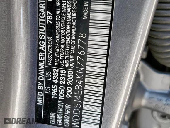 2019 Mercedes-Benz CLA 250 with VIN WDDSJ4EB4KN776778, listed as a Copart auction lot 57354645 with 124,800 mi miles and Salvage title. Bid and sale history available at DreamBid. Image 12.