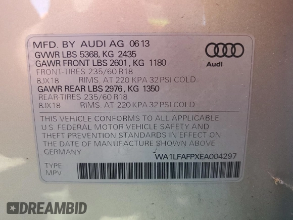 2014 Audi Q5 Premium Plus z VIN WA1LFAFPXEA004297, wystawiony jako Copart lot #56866235 z przebiegiem 90 785 mil mil oraz Szkoda całkowita • Salvage title. Historia ofert i sprzedaży dostępna na DreamBid. Obrazek 13.
