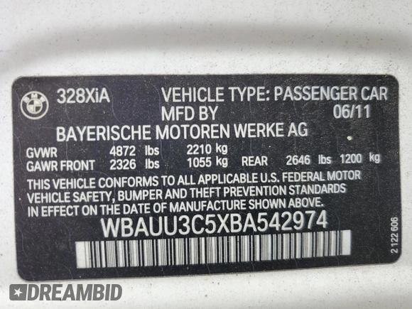 2011 BMW 3 Series 328i xDrive with VIN WBAUU3C5XBA542974, listed as a Copart auction lot 63331535 with 276,912 mi miles and Salvage title. Bid and sale history available at DreamBid. Image 13.
