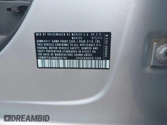 2013 Volkswagen Jetta SE with VIN 3VWDP7AJ6DM360709, listed as a IAAI auction lot 42656414 with 74,322 mi miles and . Bid and sale history available at DreamBid. Image 9.