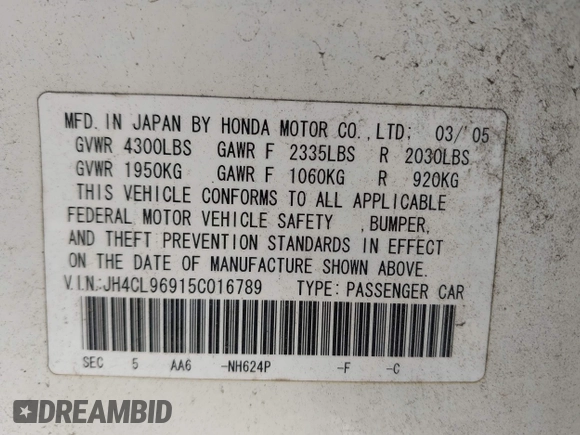 2005 Acura TSX with VIN JH4CL96915C016789, listed as a IAAI auction lot 42800422 with 158,765 mi miles and . Bid and sale history available at DreamBid. Image 9.