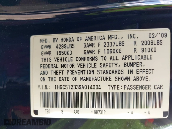 2009 Honda Accord LX-S with VIN 1HGCS12339A014004, listed as a IAAI auction lot 42042914 with 230,646 mi miles and . Bid and sale history available at DreamBid. Image 9.