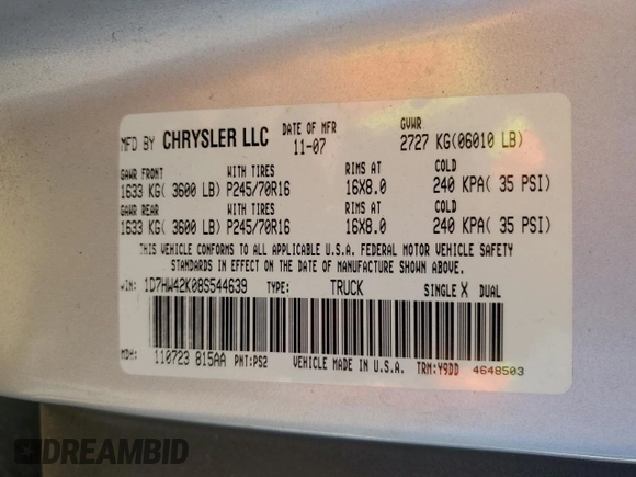 2008 Dodge Dakota SLT with VIN 1D7HW42K08S544639, listed as a Copart auction lot 50116885 with 109,824 mi miles and Salvage Title. Bid and sale history available at carsss.com. Image 12.