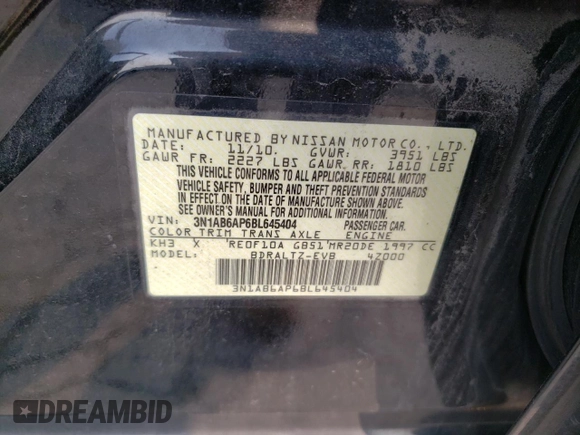 2011 Nissan Sentra SR with VIN 3N1AB6AP6BL645404, listed as a Copart auction lot 58771195 with 144,196 mi miles and Salvage title. Bid and sale history available at DreamBid. Image 13.