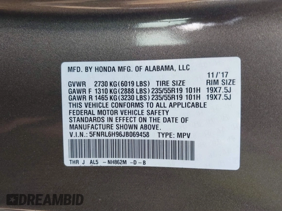 2018 Honda Odyssey Elite with VIN 5FNRL6H96JB069458, listed as a IAAI auction lot 41687526 with 41,004 mi miles and . Bid and sale history available at DreamBid. Image 9.