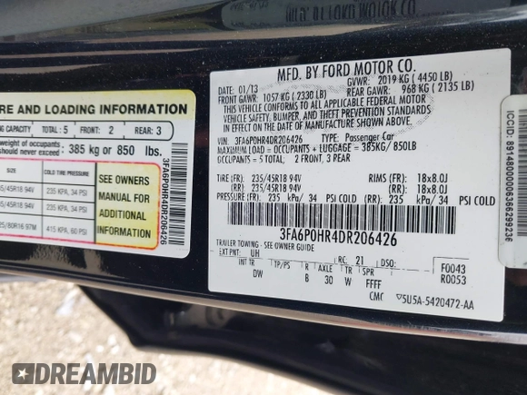 2013 Ford Fusion SE with VIN 3FA6P0HR4DR206426, listed as a IAAI auction lot 42193396 with 160,420 mi miles and . Bid and sale history available at DreamBid. Image 9.