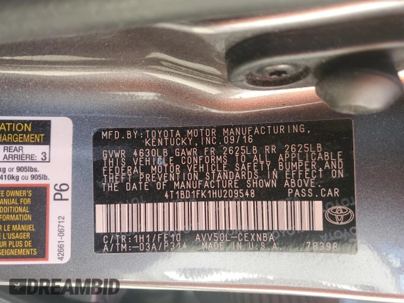 2017 Toyota Camry Hybrid LE with VIN 4T1BD1FK1HU209548, listed as a Copart auction lot 48670705 with 101,255 mi miles and Clean Title. Bid and sale history available at carsss.com. Image 12.