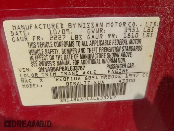 2010 Nissan Sentra S with VIN 3N1AB6AP6AL633767, listed as a IAAI auction lot 42475444 with 119,966 mi miles and . Bid and sale history available at DreamBid. Image 9.